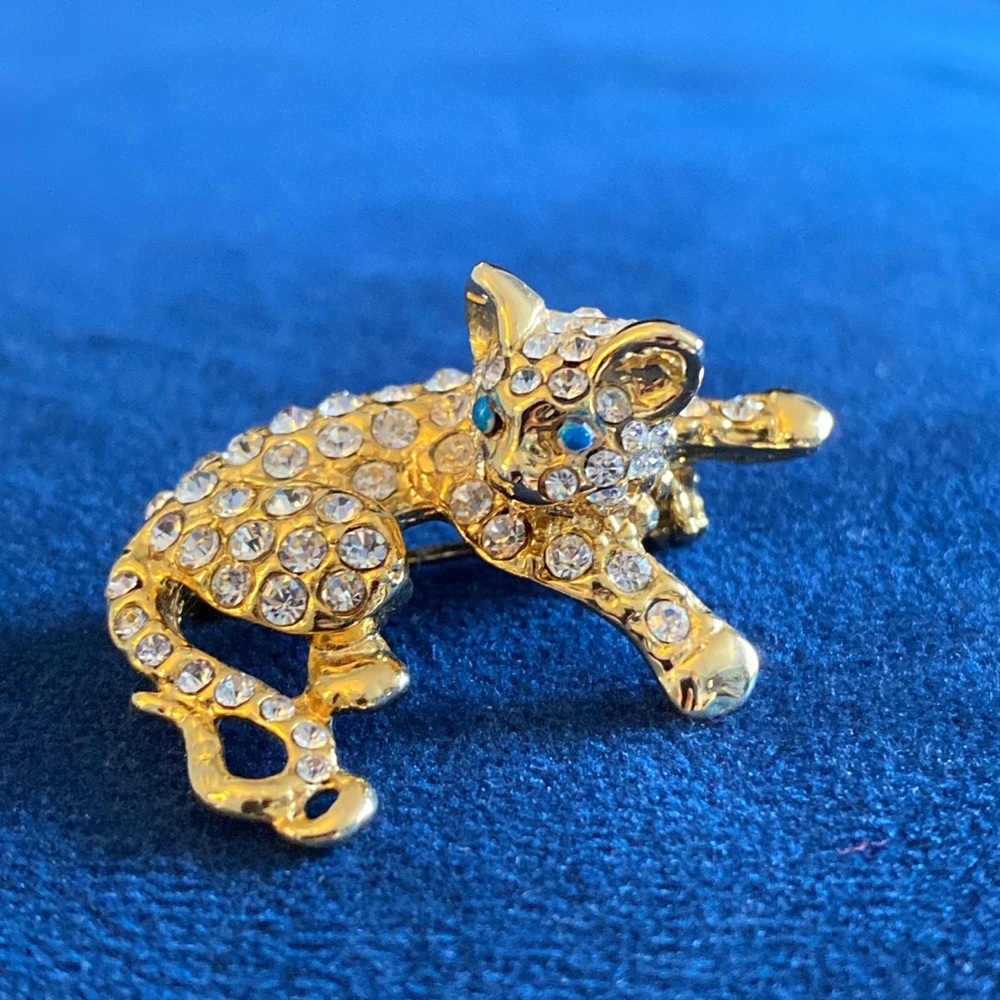 Gold and Crystal Cat Brooch